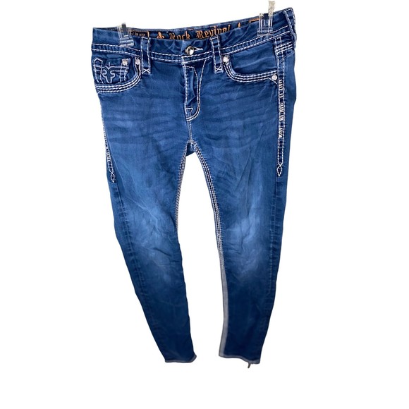 Rock Revival Denim - ROCK REVIVAL Vivian Ankle Skinny Blue Distressed Crystals Pockets Denim Jeans 29